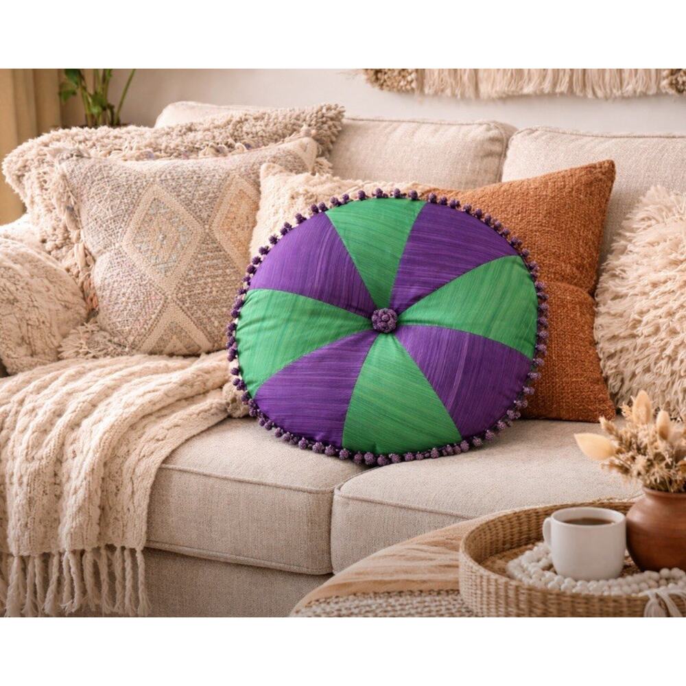 Silk Beaded Throw Pillow Round Rectangular Green Handmade Boho Colorful 18”